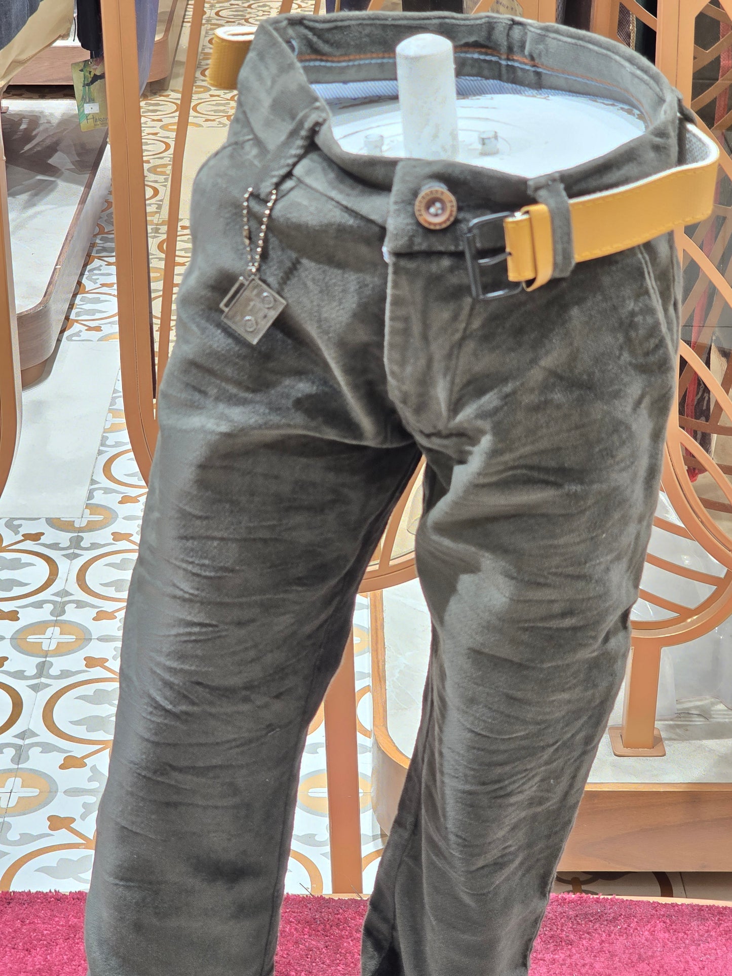 Velvet material green color pant for boy with belt