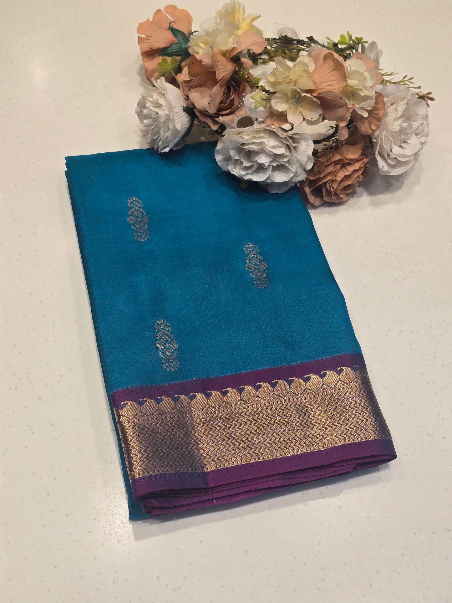 Pure Handloom Kanjivaram Silk Saree in Peacock Blue with Fancy Butta Body, Gatti Mango and Zigzag Border, Rich Pallu for Wedding and Festive Occasions