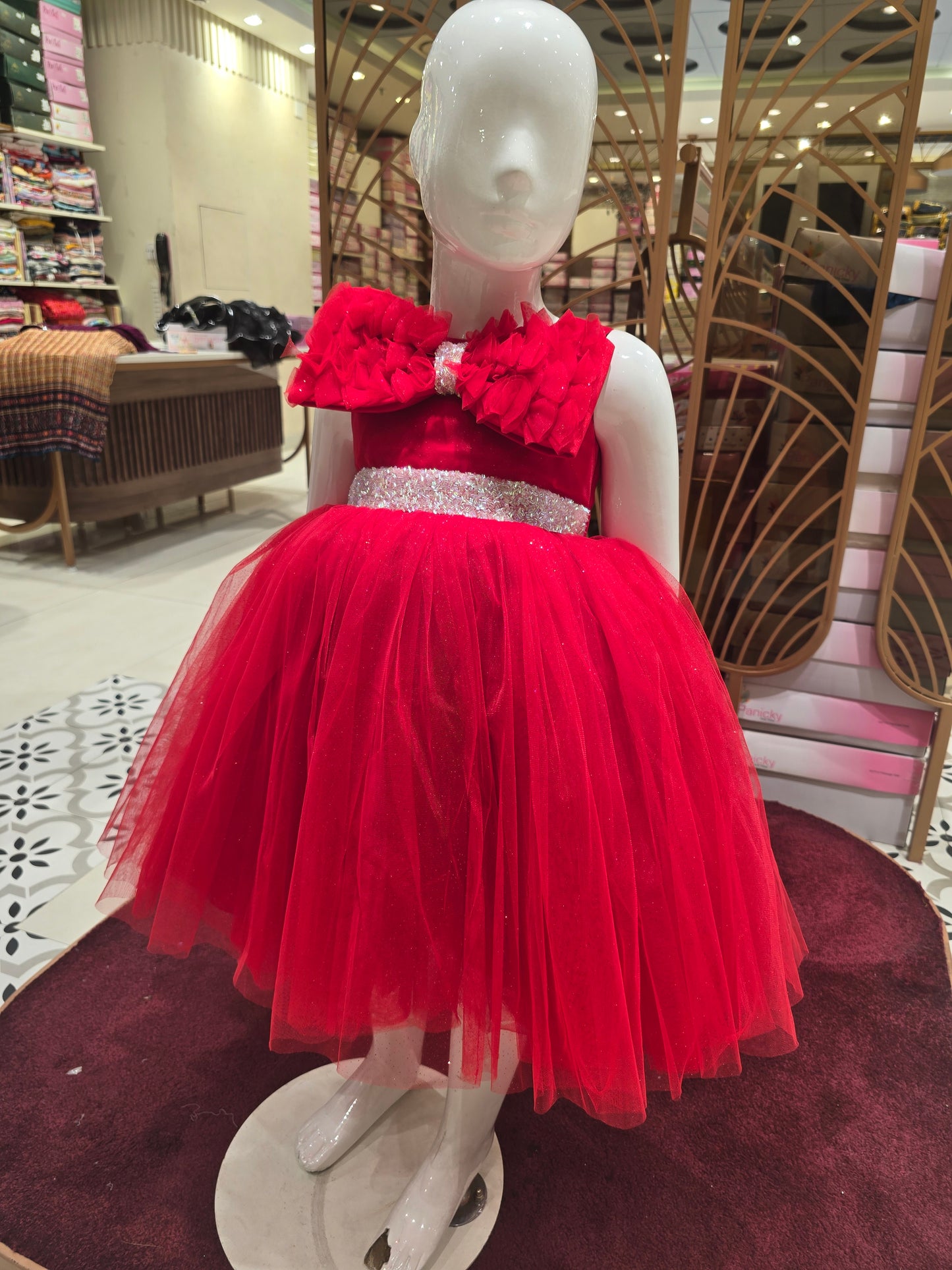Red Glitter Netted Party Wear Short Frock for Girls – Sleeveless, 1pc, Net Fabric