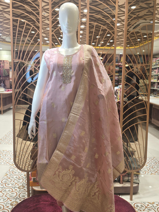 Peach Pink Pure Tissue Silk Party Wear Set for Women with Banarasi Butta & Handworked Neck, Banarasi Dupatta – Elegant Occasion Wear