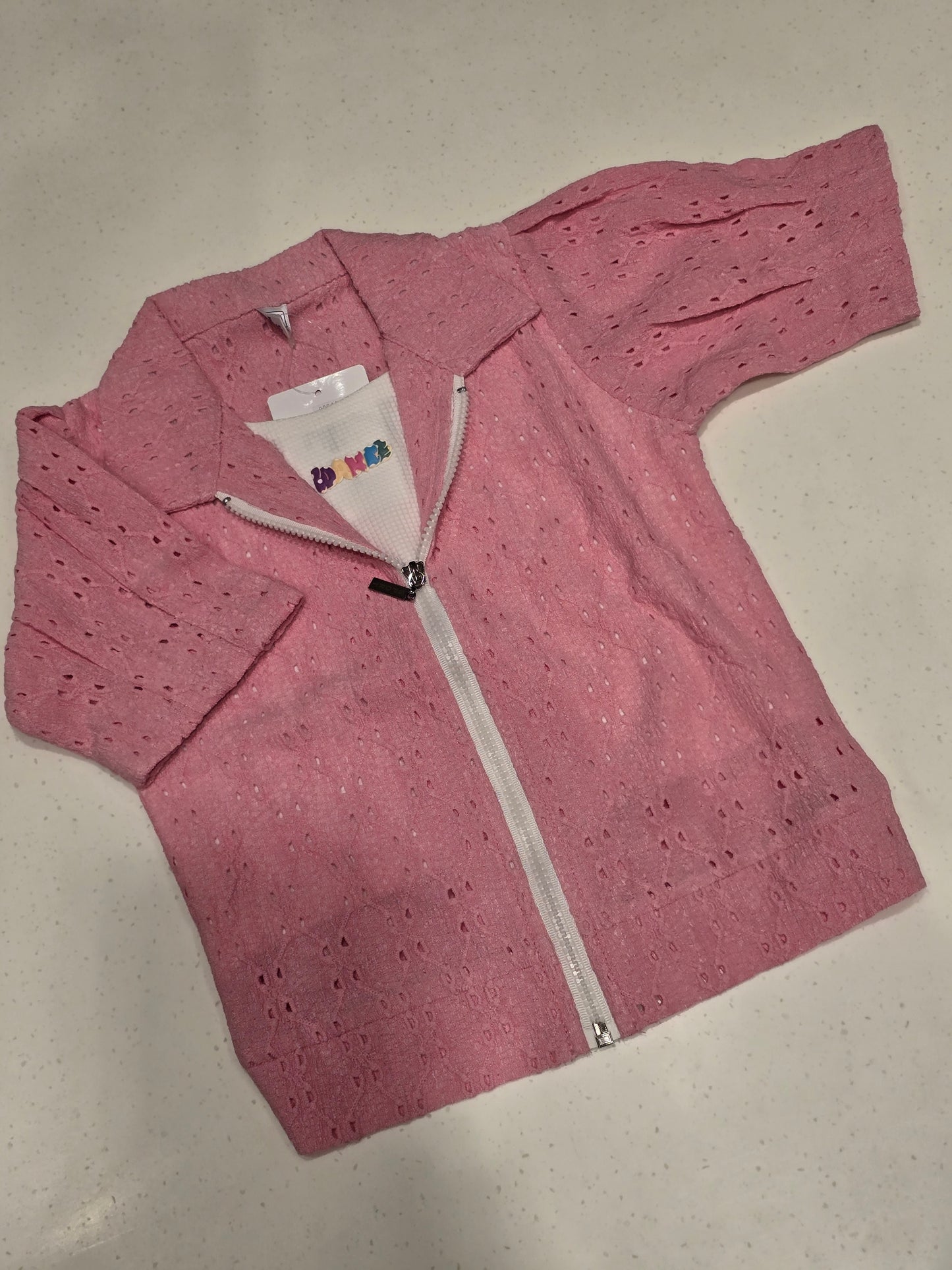 light pink schiffli (eyelet) embroidered kids' zip-up jacket,