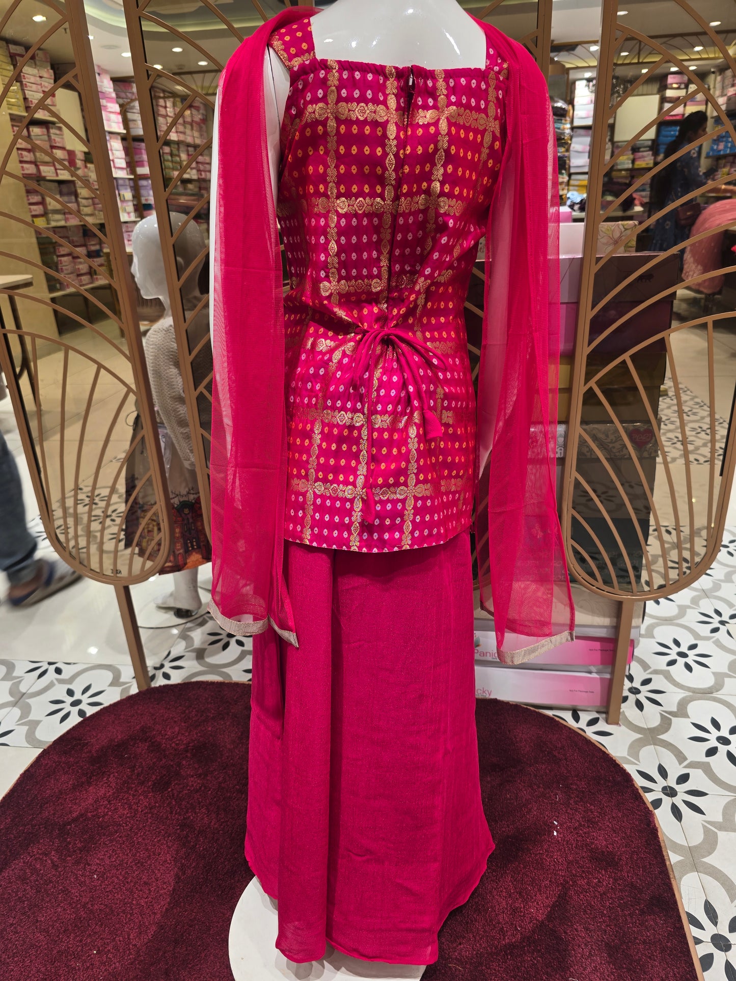 Rose Pink Tissue Silk Indo Western Palazzo Set for Girls with Banarasi Floral Design, Cape Cut Blazer & Embroidered Border – 3 Piece Set
