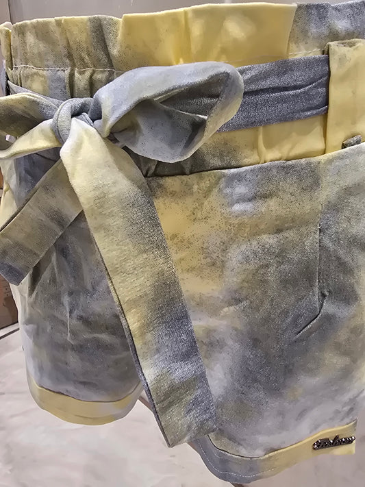 Yellow and Grey Printed Lycra Cotton Baby Shorts for Girls with Two Pockets, Round Elastic Waistband and Attachable Tie