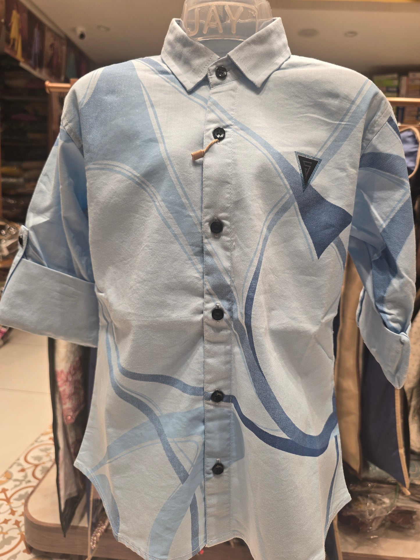 Sky Blue Imported Party Wear Shirt for Boys with Blue Shade Print Design and Full Sleeves