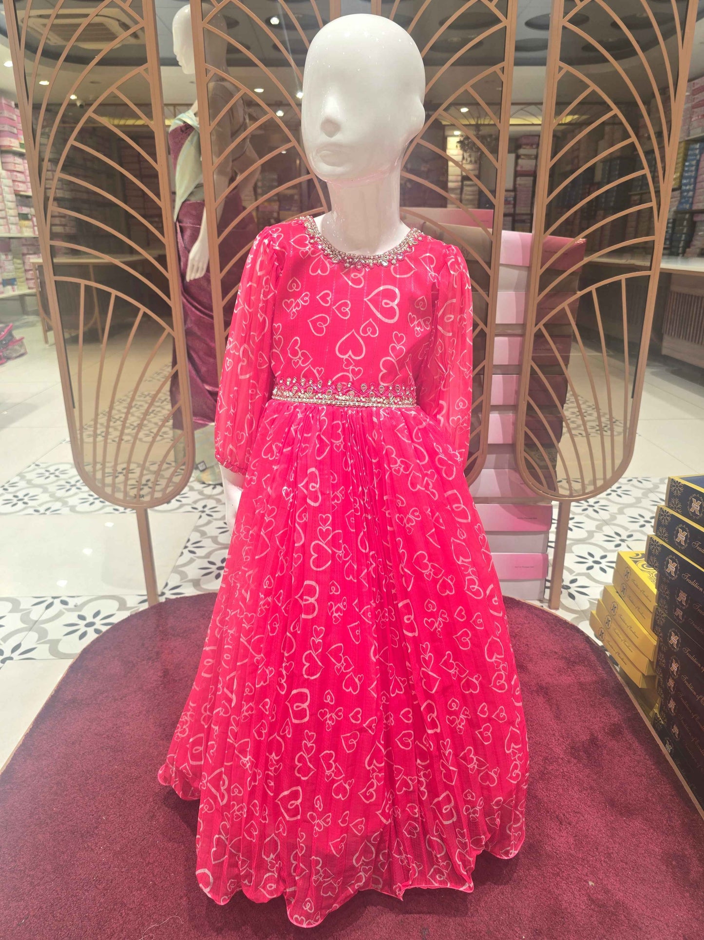 Girls Pink Chiffon Printed Gown