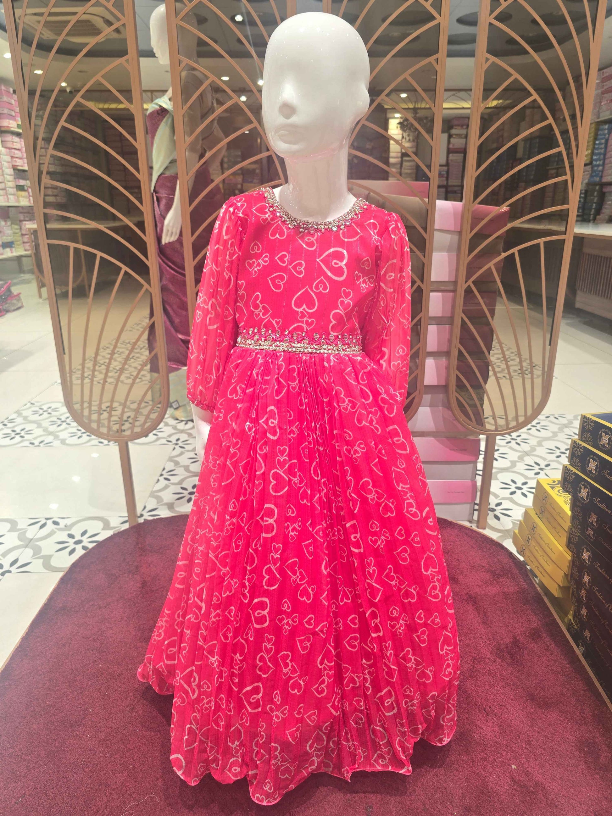 Girls Pink Chiffon Printed Gown