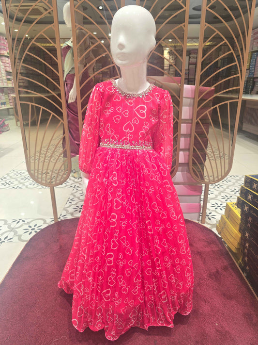 Girls Pink Chiffon Printed Gown