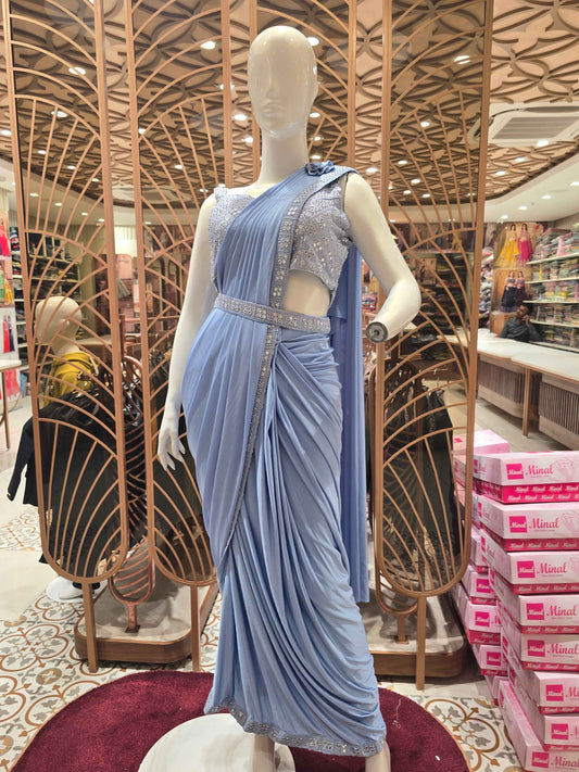 Women Sky Blue Lycra Satin Ready to Wear Saree Set
