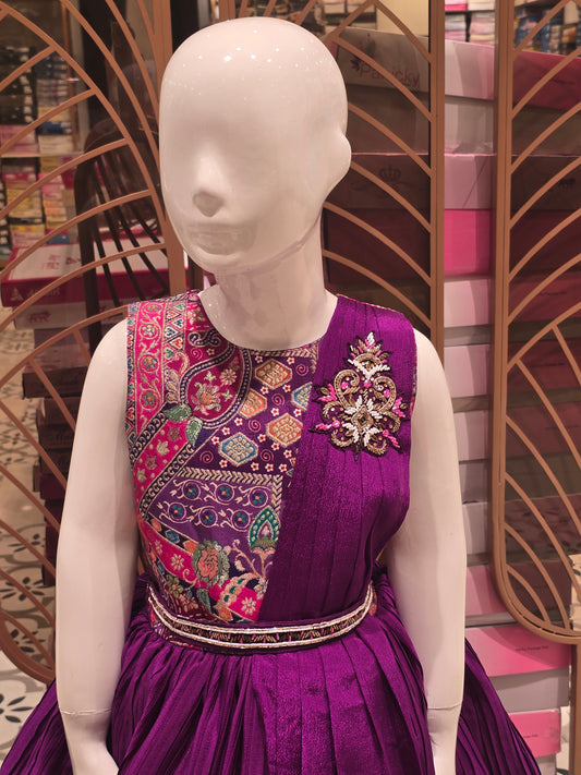 Girl Purple Banarasi Crepe Traditional Short Frock
