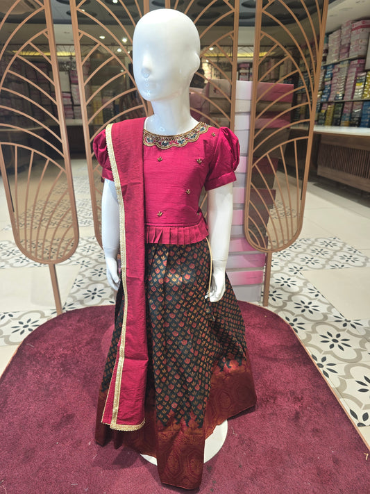 Maroon & Green Banarasi Silk Ethnic Langa Blouse Set for Girls with Printed Skirt and Puff Sleeves