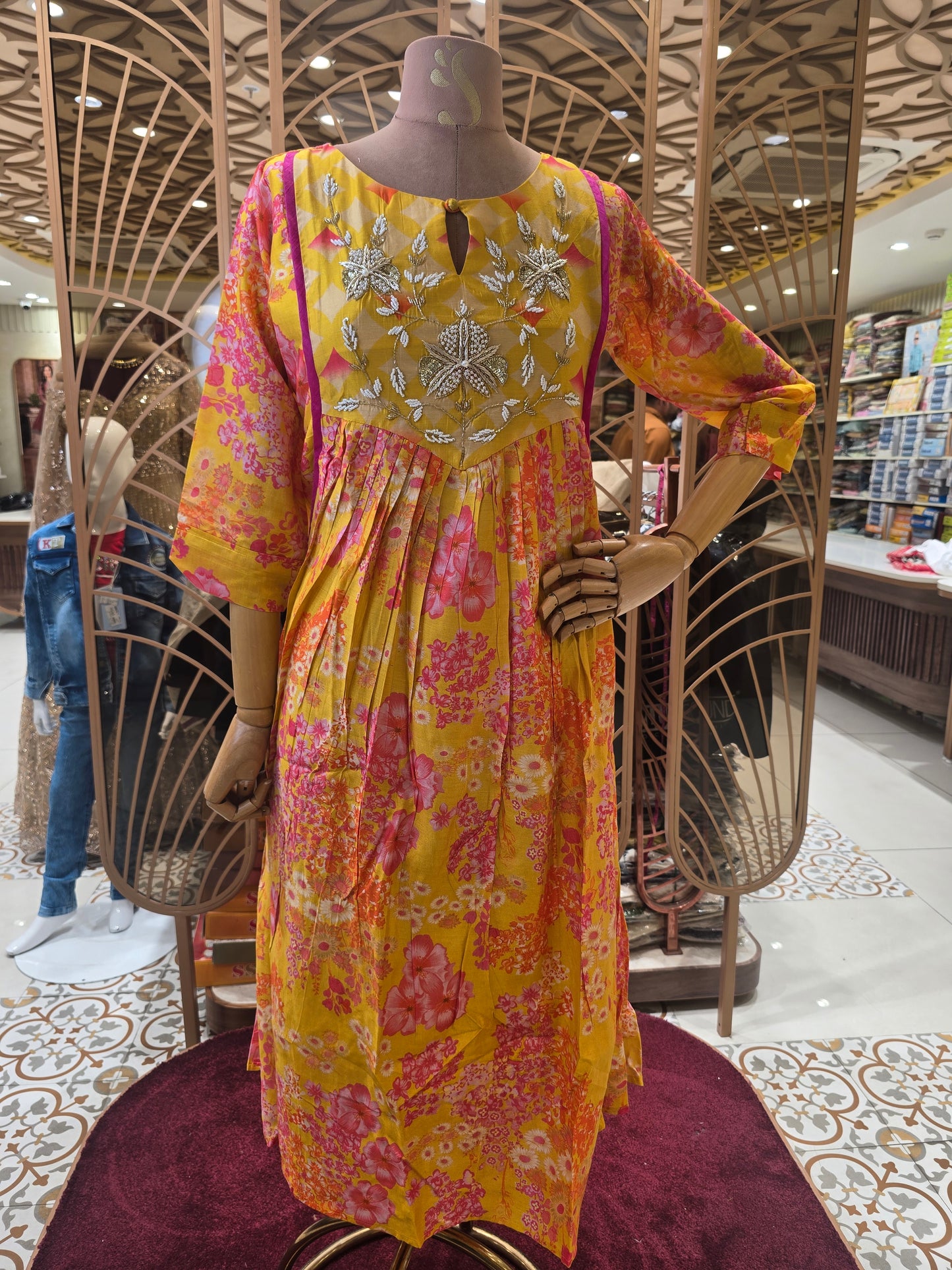 Women’s Rayon Straight Kurta with Floral Printed Design and Hand Work, Collar Neck and ¾th Sleeves for Daily Wear