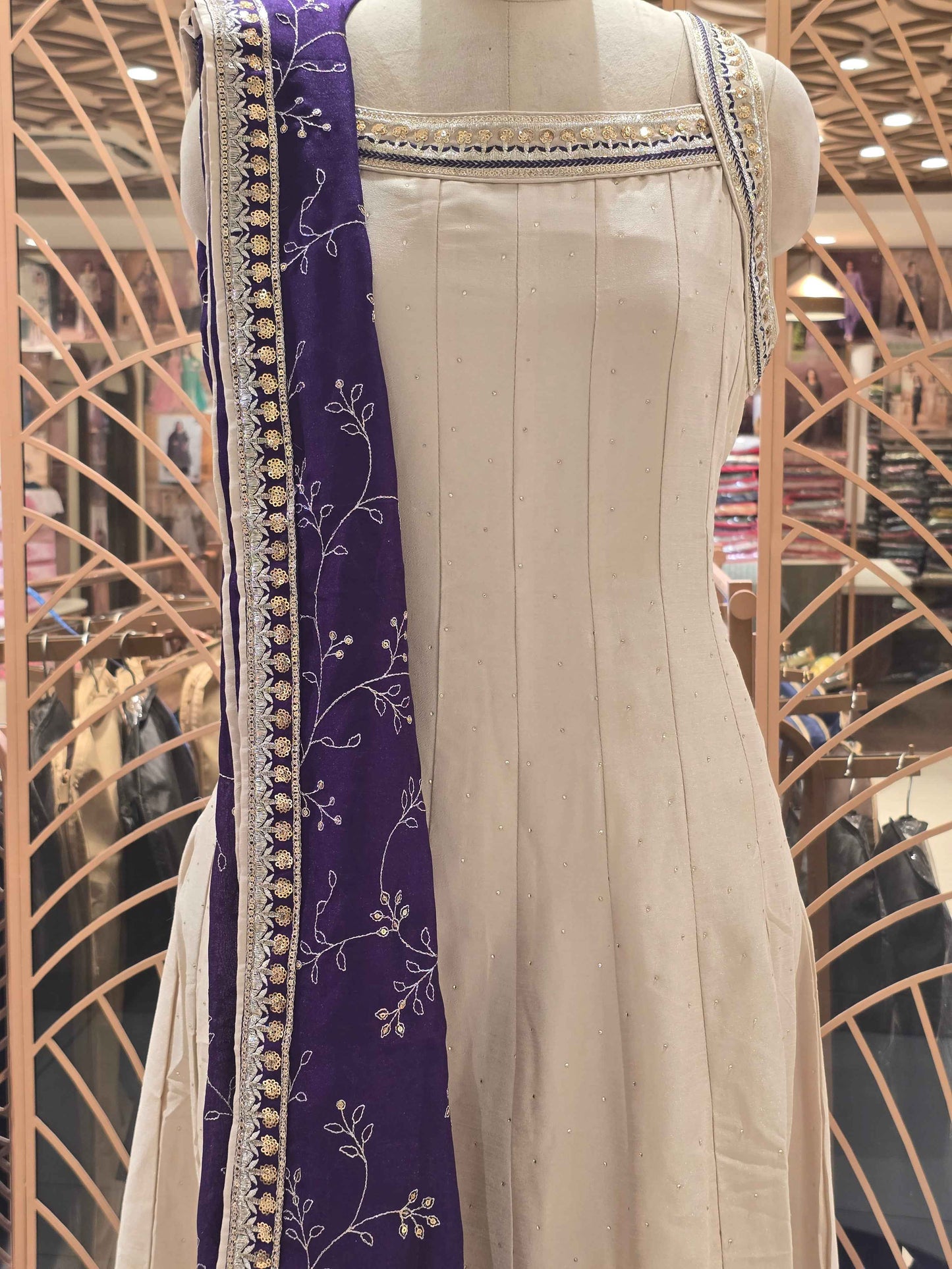 Crepe silk material cream with purple contrast anarkali kurta set