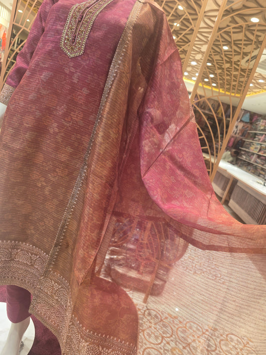 Dual Shade Crush Silk Party Wear Set for Women with Floral Prints & Handwork Round Neck