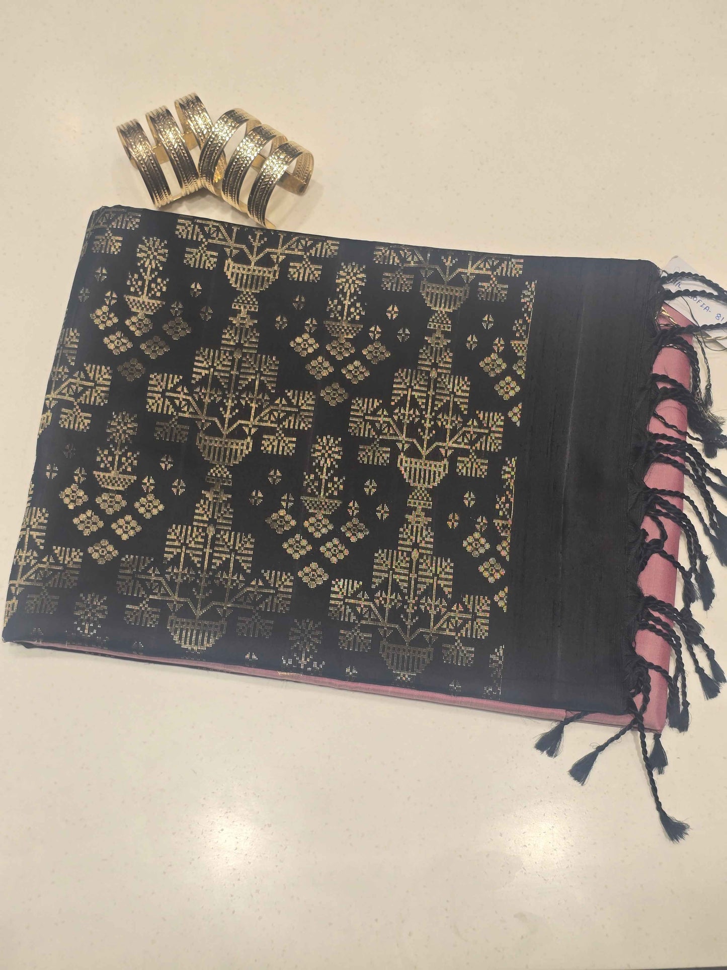 Pure handloom softsilk onion pink with black colour and triangles motifs