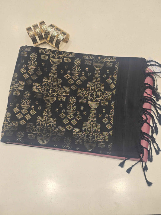 Pure handloom softsilk onion pink with black colour and triangles motifs