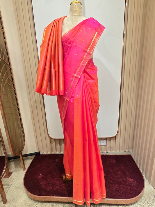 Dual-Tone Pink & Orange Pure Kanjivaram Silk Saree with Gold Zari Weave