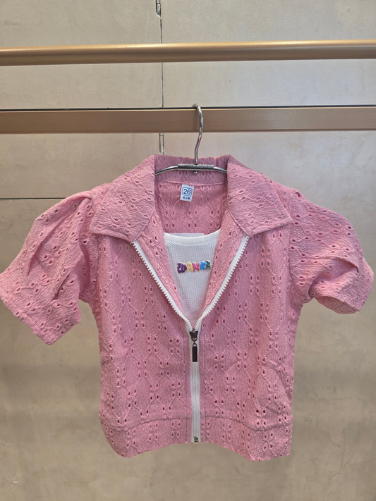 Baby Pink Neted Hosiery Western Top With Attachable T-Shirt & Madden Zip