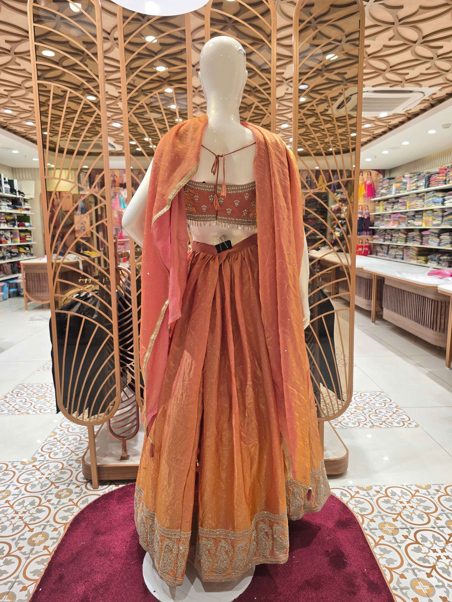 Tissue Material dual shade lehenga with handwork on top and speghetti