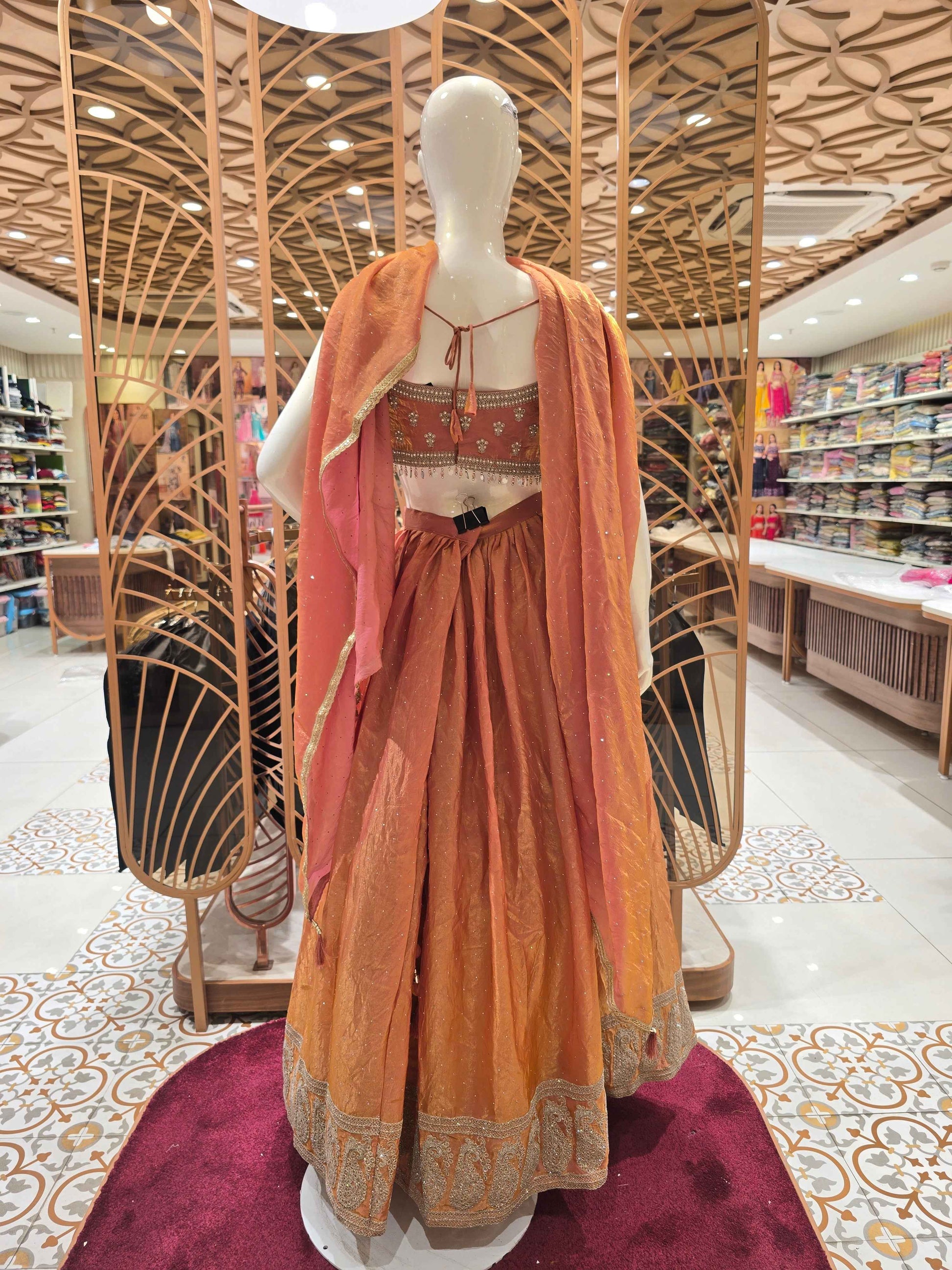 Tissue Material dual shade lehenga with handwork on top and speghetti