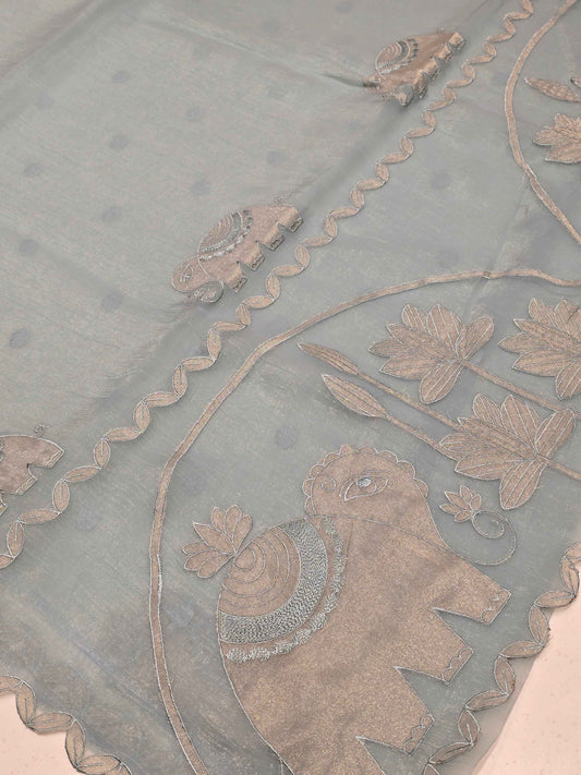 Sky Blue Organza Saree with Elephant Design