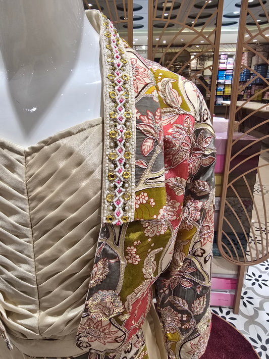 Cream Colored Crepe Silk Indo Western Palazzo Set for Girls with Printed Open Jacket & Zari Work – 3 Piece Ethnic Set