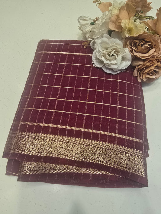 Semi Crepe Silk Saree with Checked Pattern, Small Traditional Border & Rich Pallu | Festive & Traditional Wear