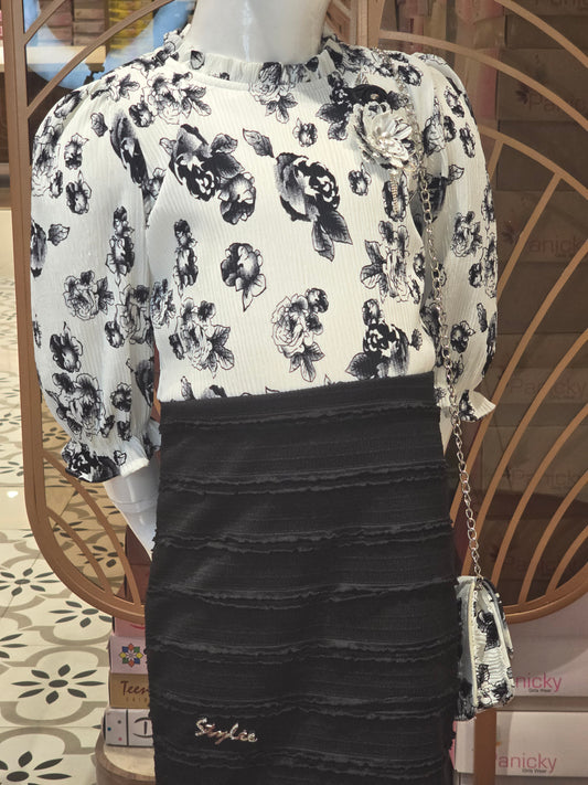 Girls Black White Floral Crush Georgette Western Set