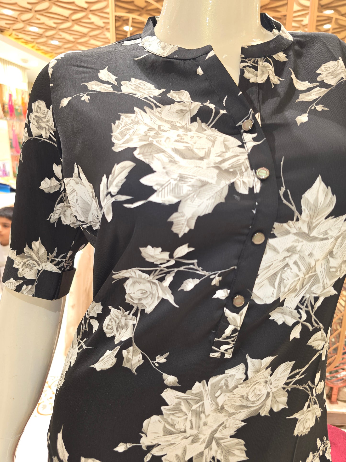 Women Black Printed Rayon Straight Top