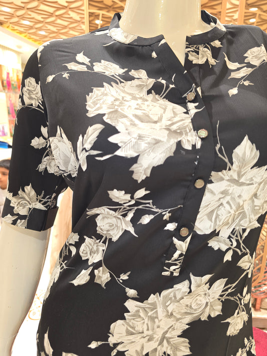 Women Black Printed Rayon Straight Top