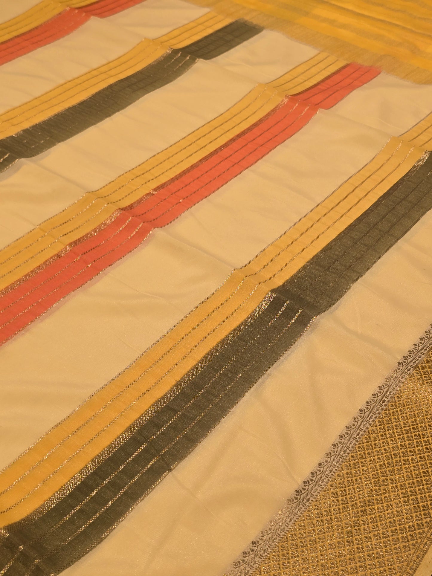 Multi-Color Crepe Saree with Horizontal Lines and Kadhi Zari Pallu – Festive Wear