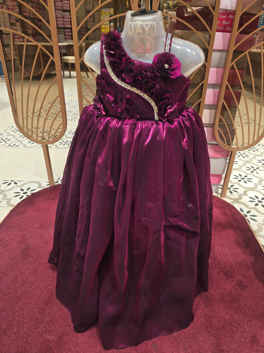 Girl Wine Colour Chiffon Flower Cut Party Gown