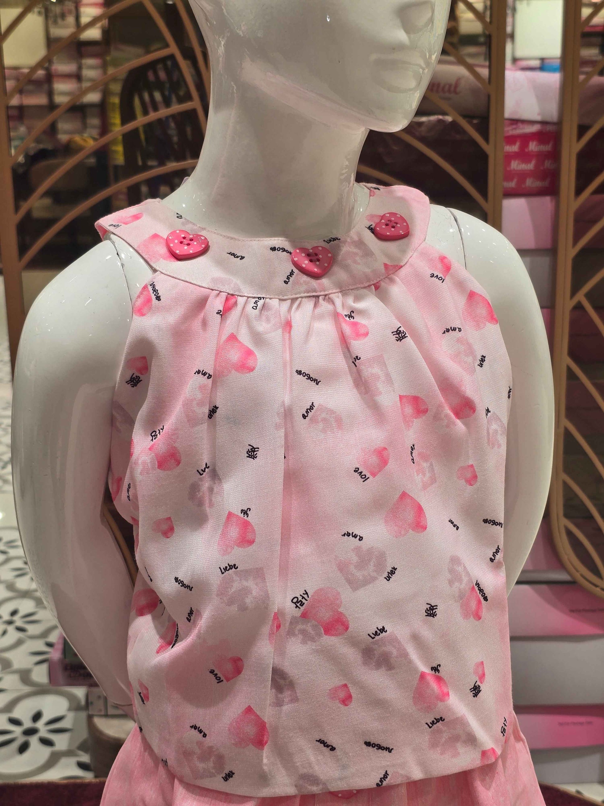 Printed cotton material baby pink colour skirt with top (western wear)