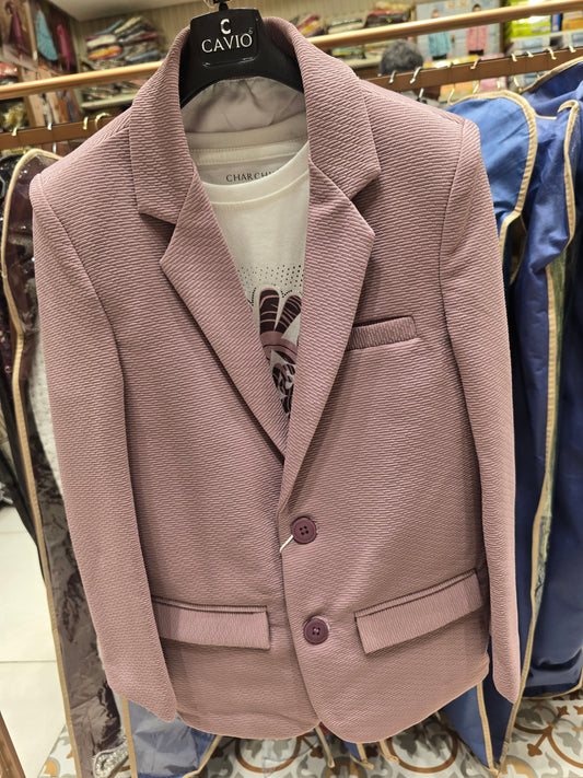 Boys Popcorn Fabric Blazer Set in Onion Pink with Three Pocket Design, Two Button Styling and Printed White T-Shirt for Party and Summer Wear