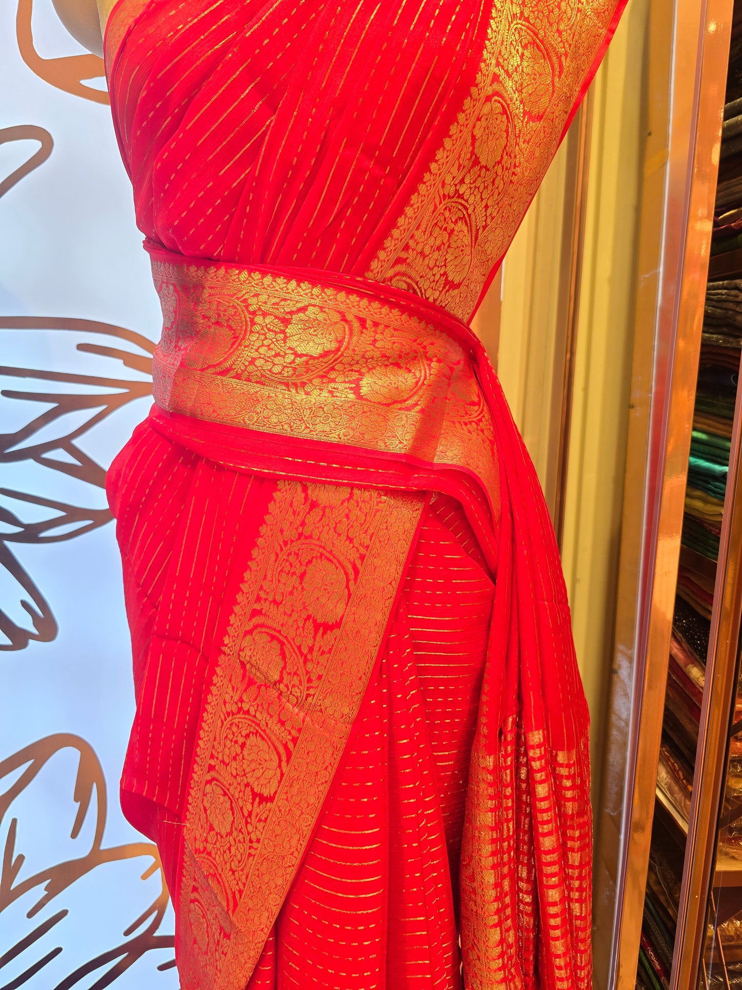 Cherry Red Chiffon Saree with Horizontal Lines and Traditional Gatti Border
