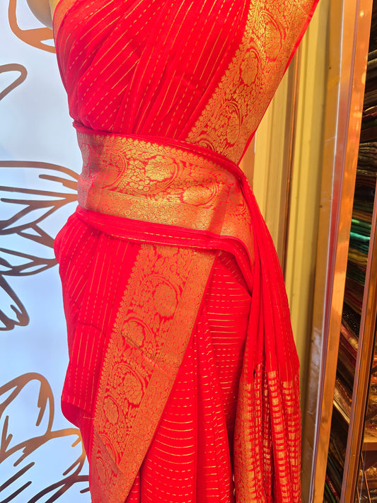 Cherry Red Chiffon Saree with Horizontal Lines and Traditional Gatti Border