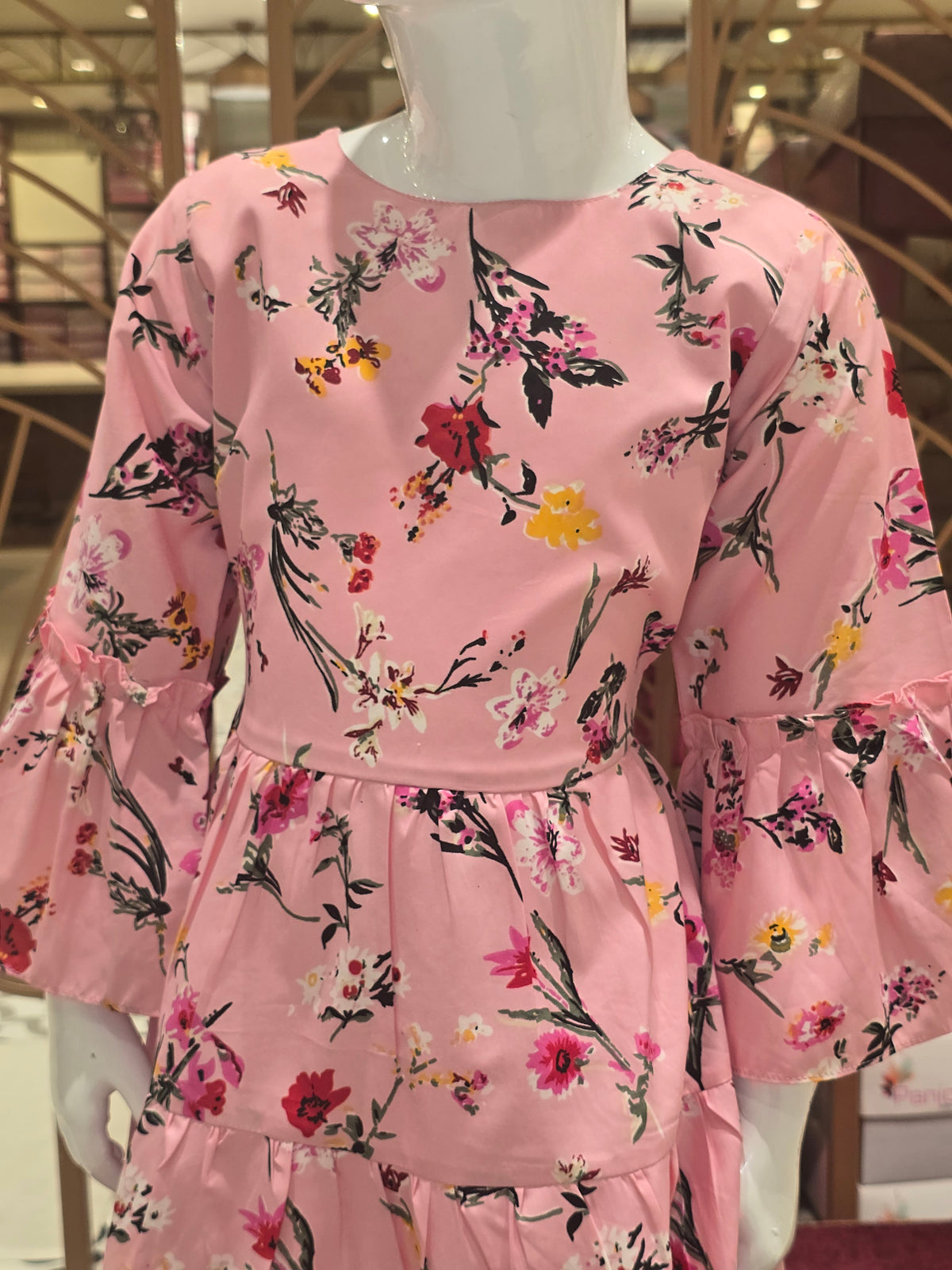 Girls Baby Pink Floral Crepe Short Frock with Bell Sleeves and Round Neck