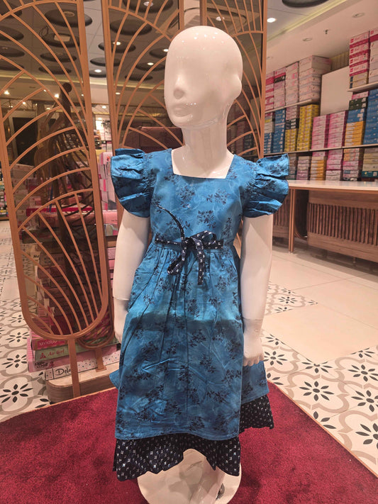 Girl Dual Blue Printed Cotton Short Frock