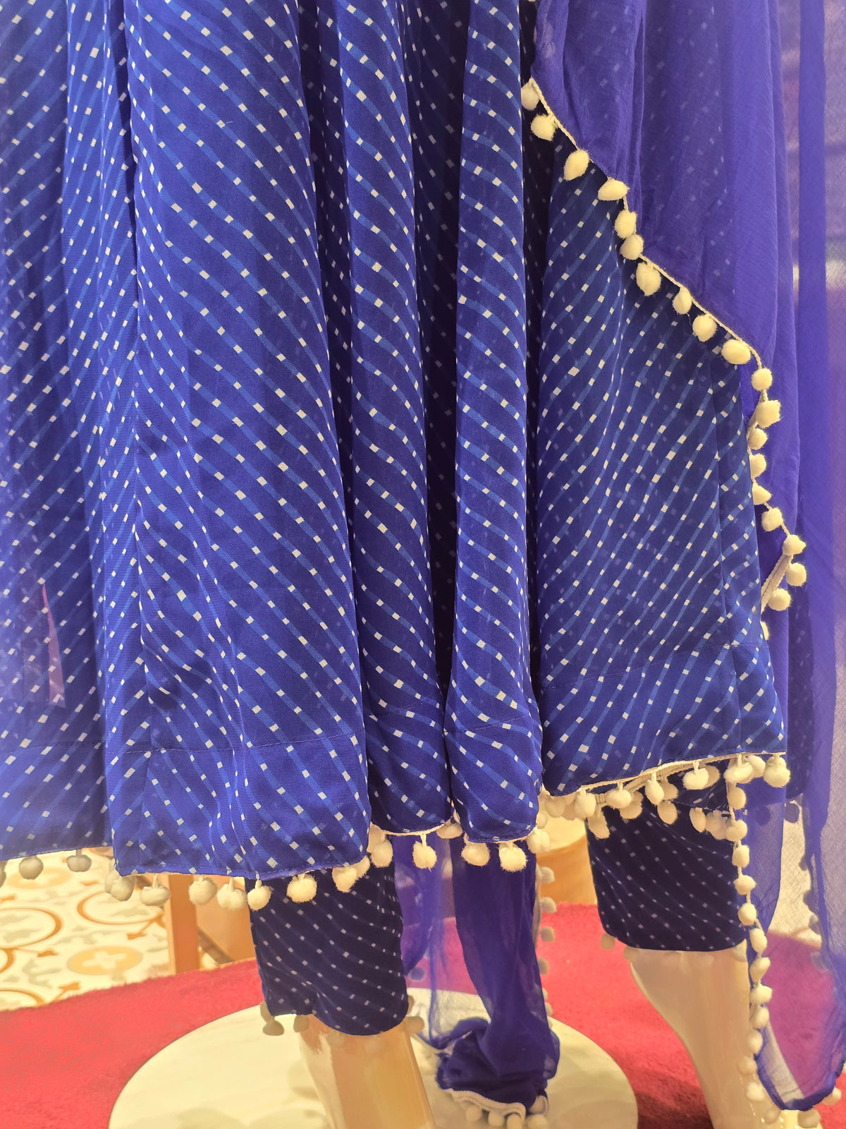royal blue Leheriya printed Anarkali suit set.