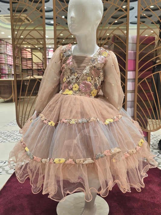 Girl Multi Shade Sequined Knitted Party Short Frock