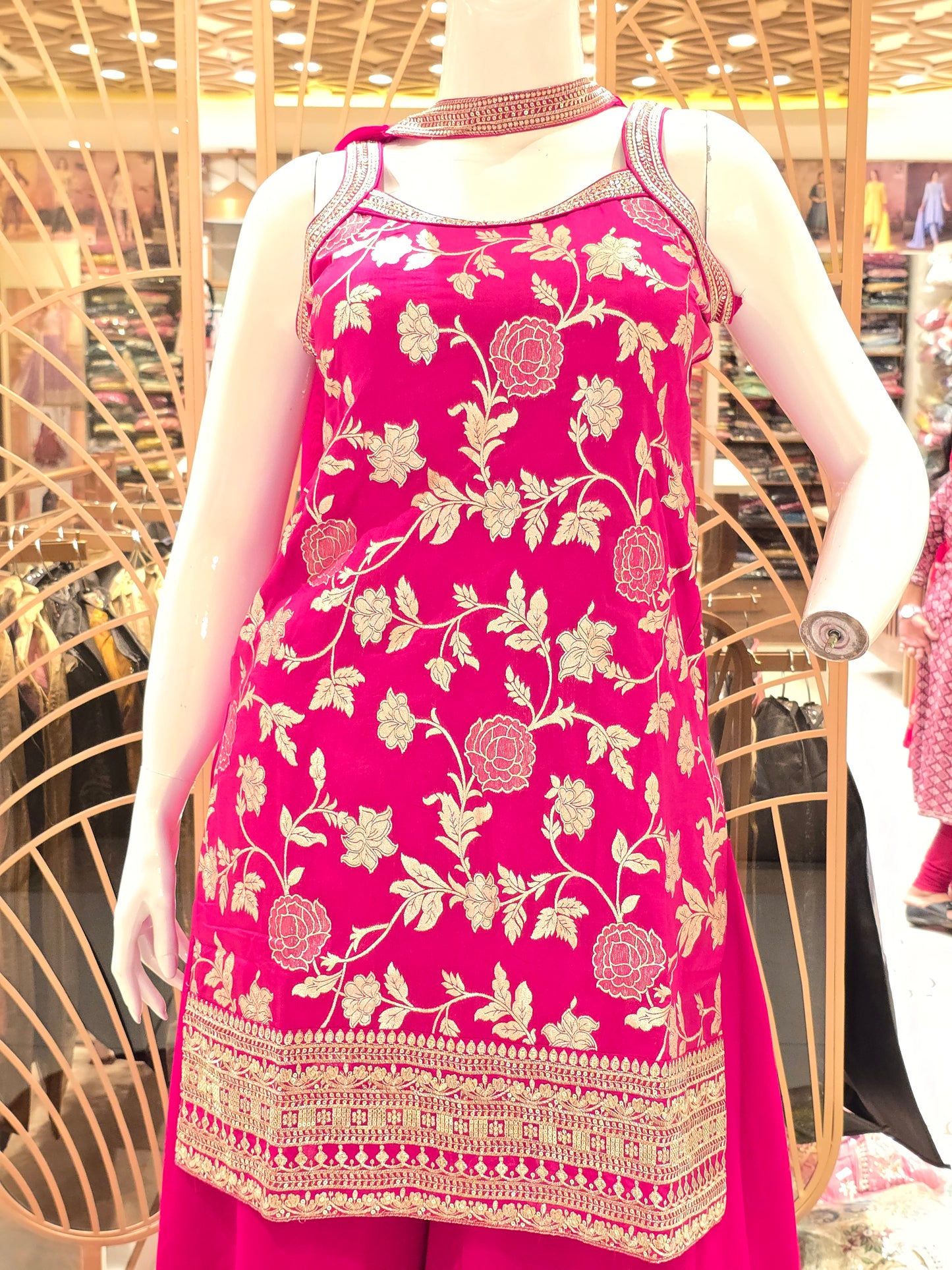 Women Pink Crepe Golden Floral Sharara Set