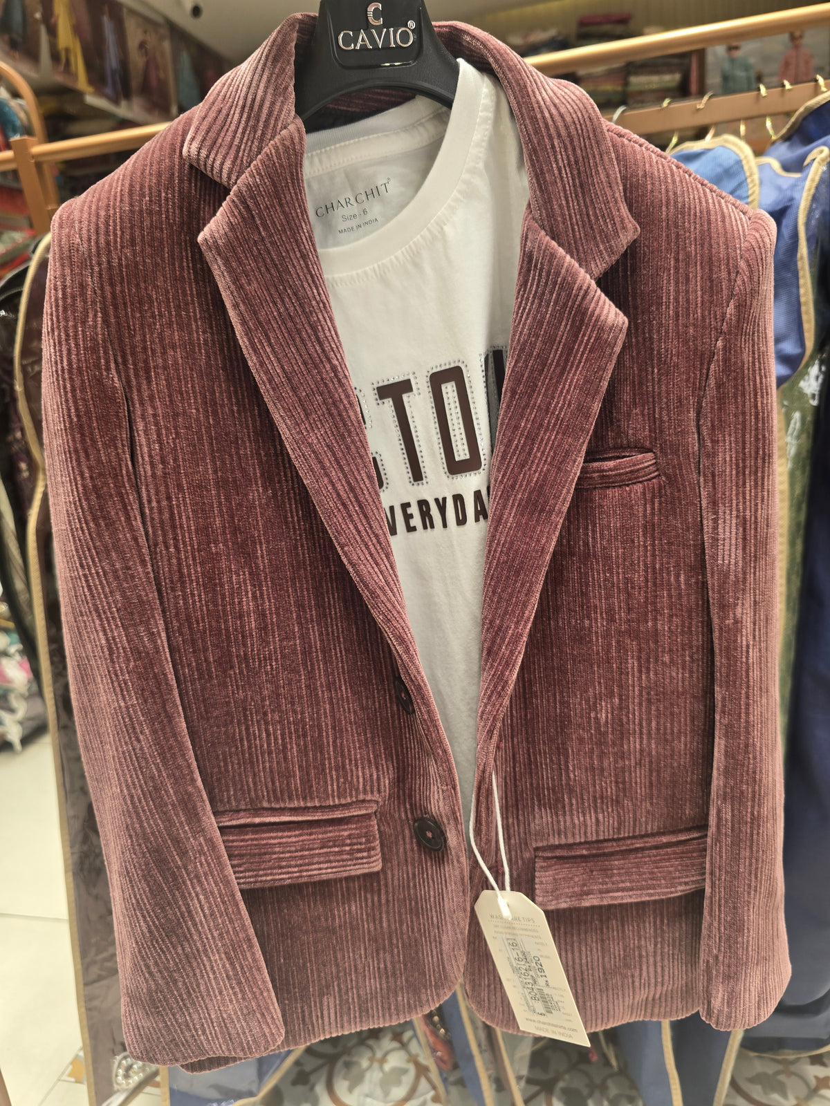 Boys Codroy Blazer Set in Onion Pink with Three Pocket Design, Two Button Styling and Printed White T-Shirt for Party and Occasion Wear