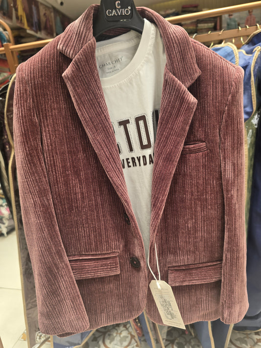 Boys Codroy Blazer Set in Onion Pink with Three Pocket Design, Two Button Styling and Printed White T-Shirt for Party and Occasion Wear