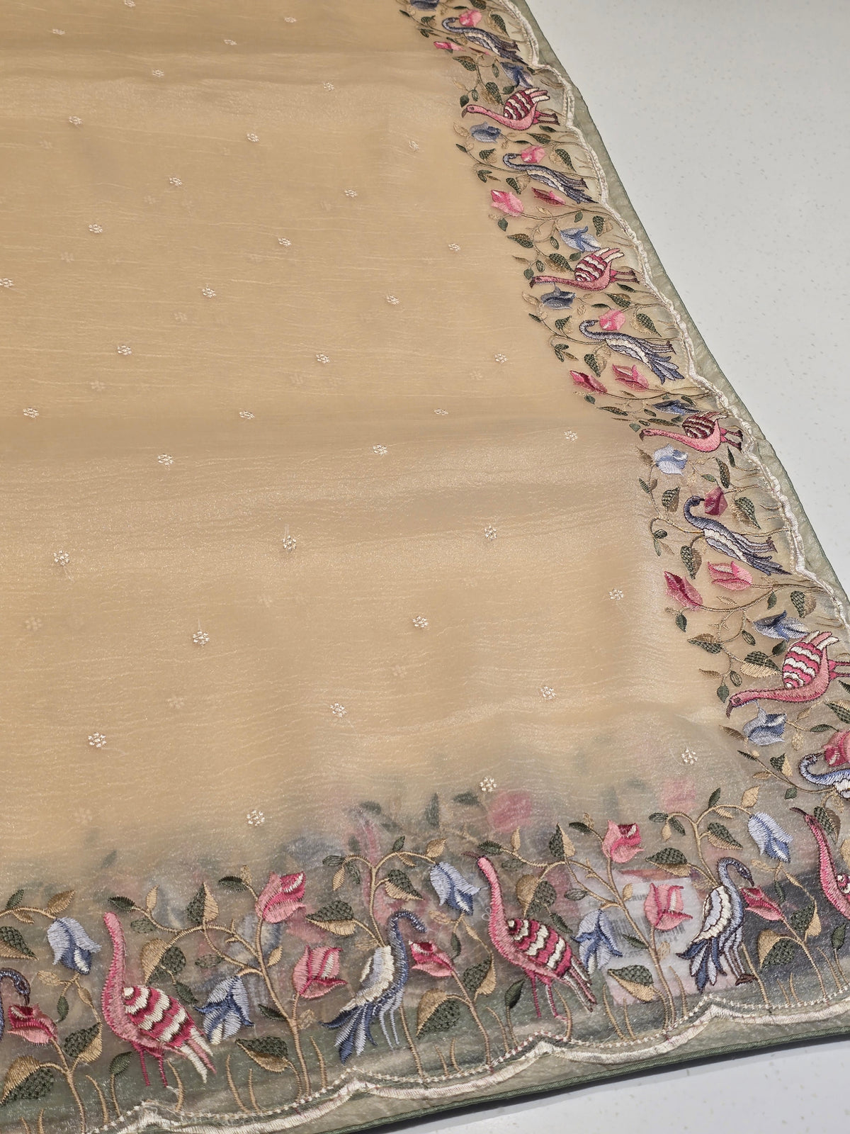 Glass Silk Saree with Crush Material, Small Butta Floral & Peacock Fancy Border – Party Wear