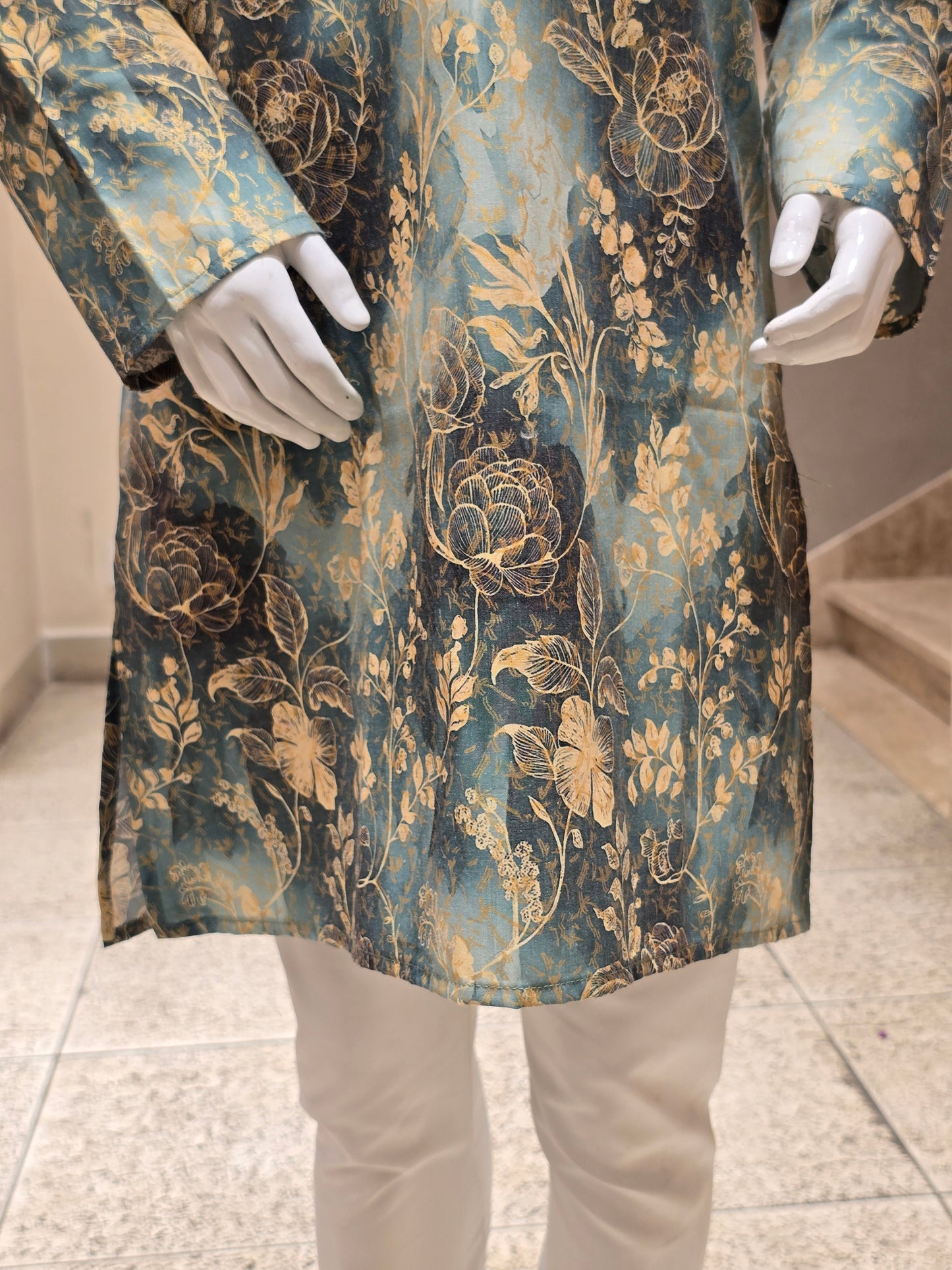 Green Printed Cotton Kurta Set for Boys