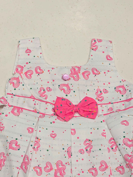 White Cotton Baby Frock for Girls with Pink Heart Print and Waist Bow