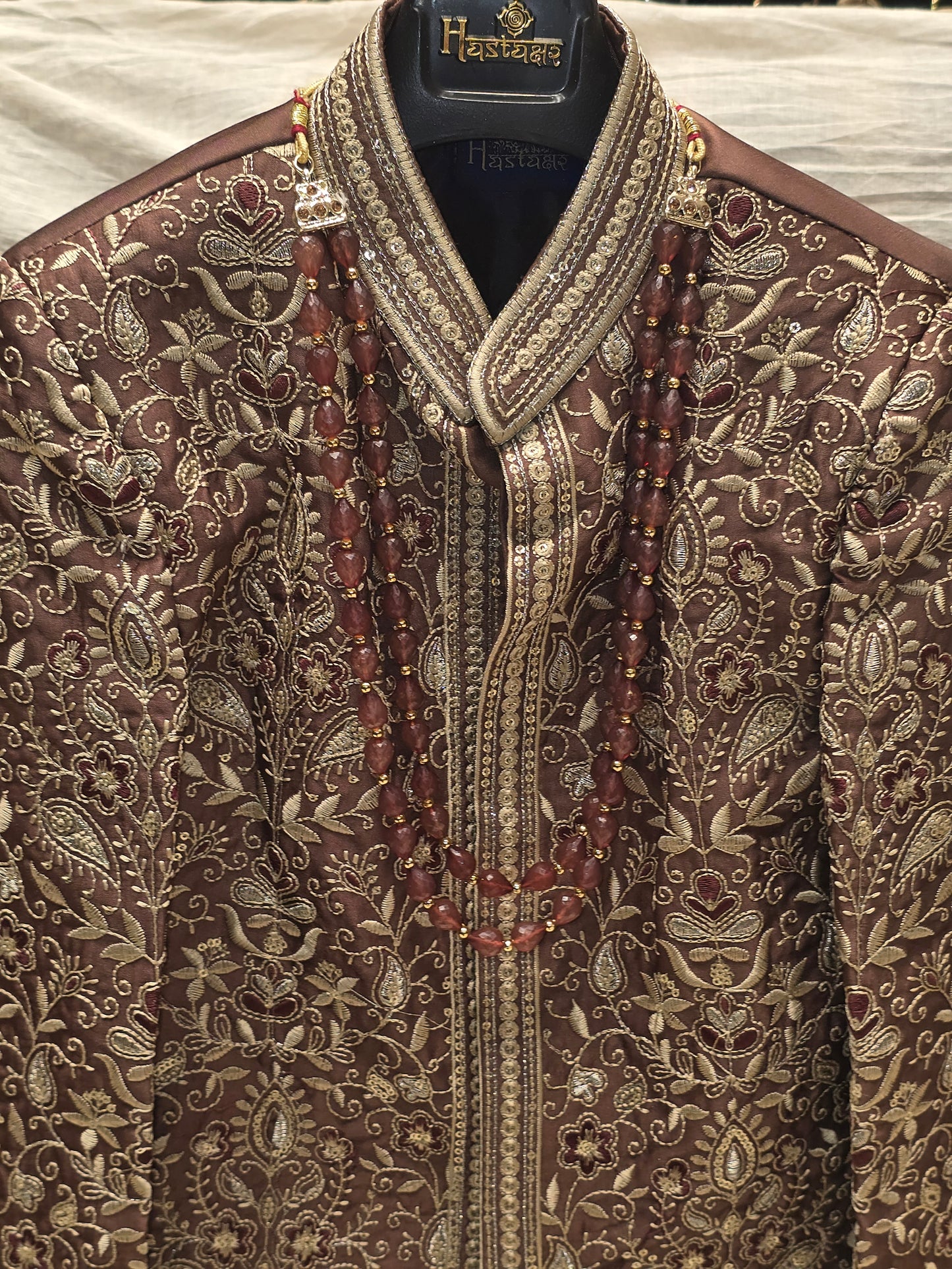 Boys Brown Dupion Silk Indo-Western Set with Thread Embroidery and Micro Sequin Work