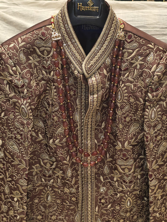Boys Brown Dupion Silk Indo-Western Set with Thread Embroidery and Micro Sequin Work
