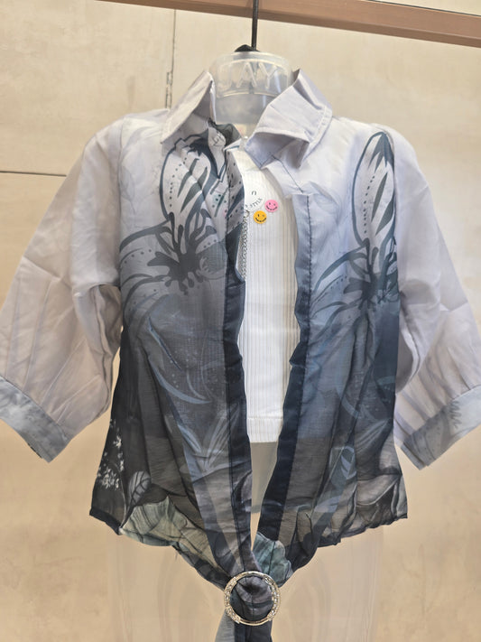 Printed Chiffon Western Top for Girls with Inner T-Shirt, Open Style & Long Fancy Tie – Casual Wear