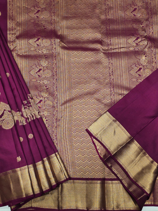 Royal Purple & Magenta Pure Kanjivaram Brocade Silk Saree with Traditional Gatti Border