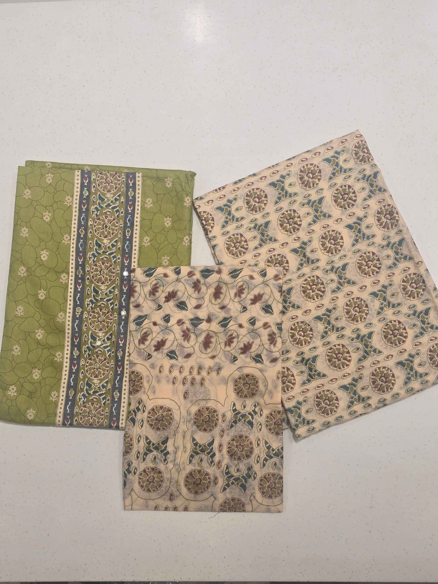 Women Rama Green Semi Cotton Printed Dress Material Set